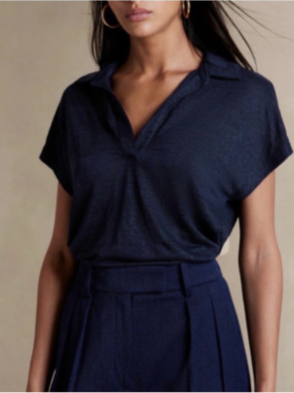 Chico’s Linen Knit V-neck Popover Polo Top in Navy Size 00 (XS)